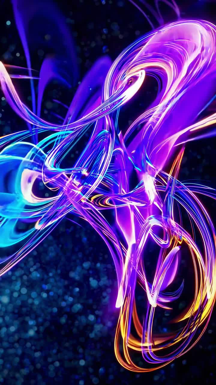 Colorful, luminous streams of light intertwine and swirl, forming a mesmerizing abstract pattern against a dark background with bokeh effect, evoking a sense of energy, motion, and creativity