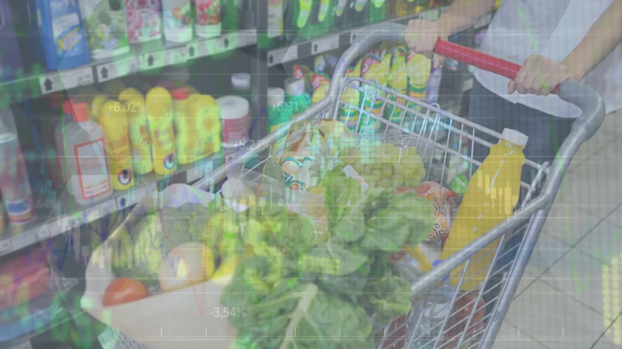 쇼핑 카트를 들고 있는 여성의 중간 부분에서 주식 시장 데이터 처리의 애니메이션