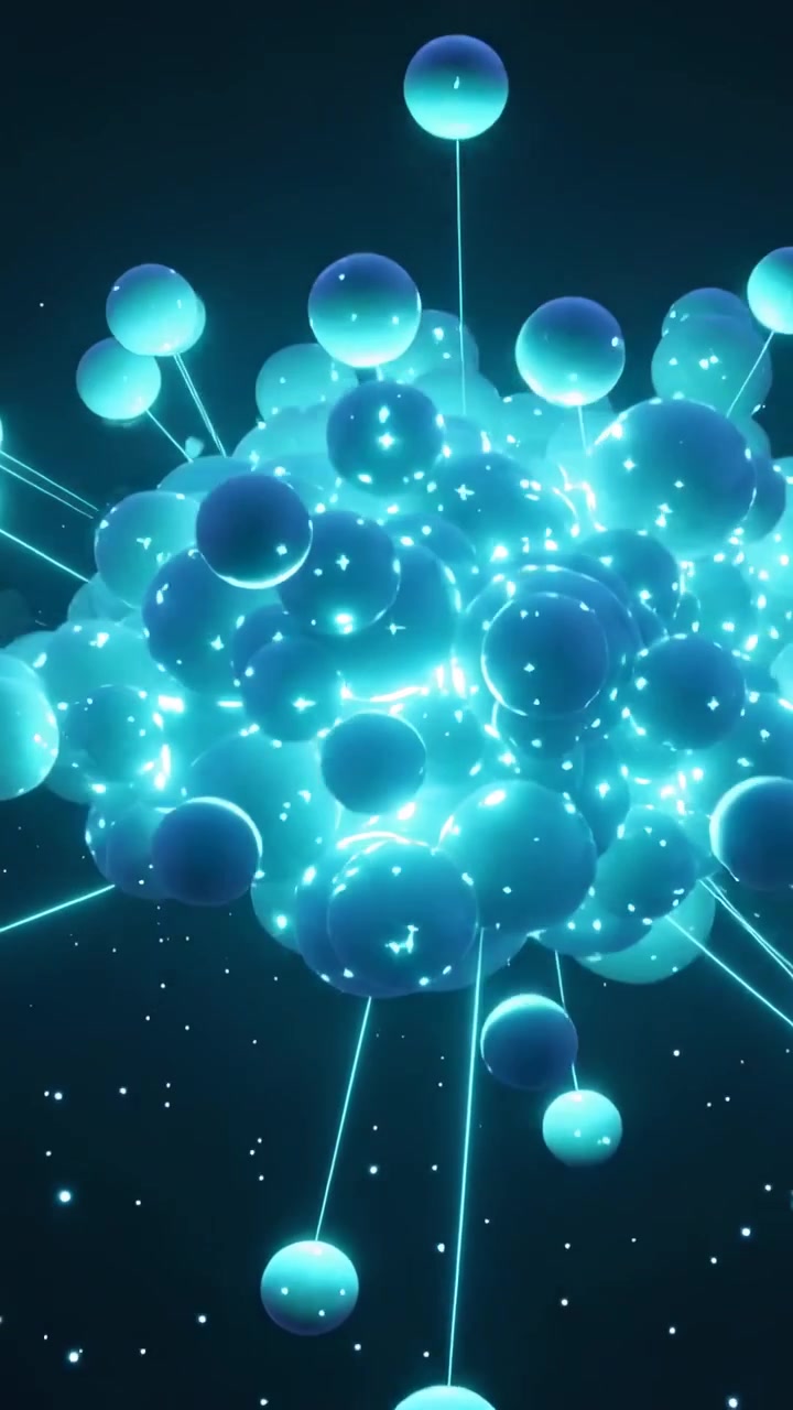 Video verticale: Tirando il nucleo, attirando sfere color verde acqua al centro nel vuoto, formando legami di scintille.