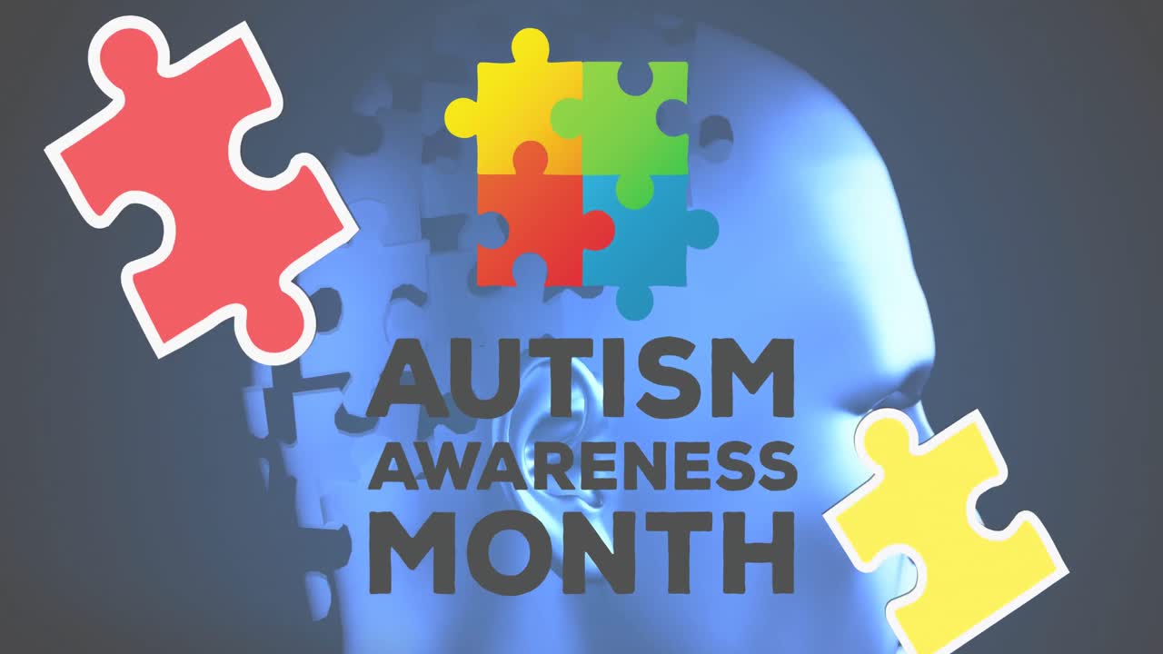 Animazione del testo del mese della consapevolezza dell'autismo su una testa blu formata da puzzle