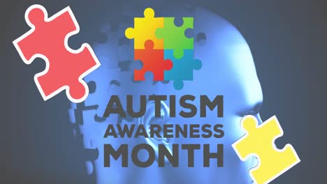 animation of autism awareness month text over blue head formed with puzzles