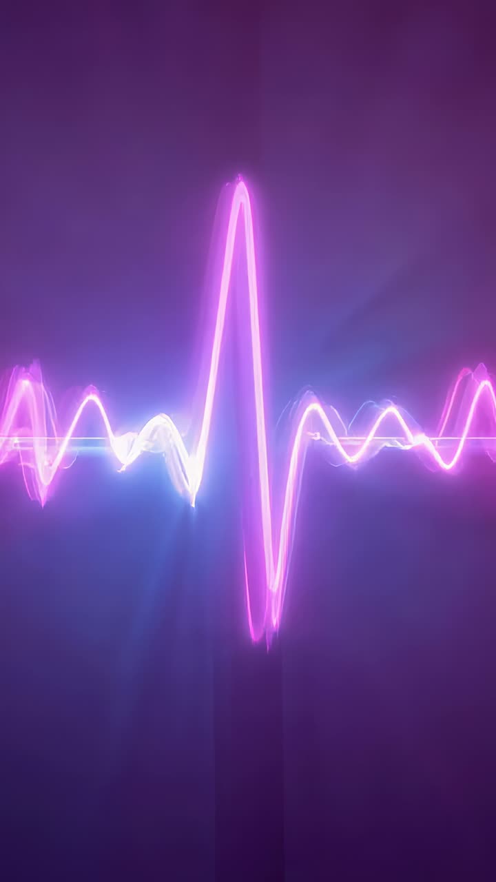 Vertikal video: Stigende magenta peak, der laver neonbølger, der deles, pulserer på mørk scene, der viser audio