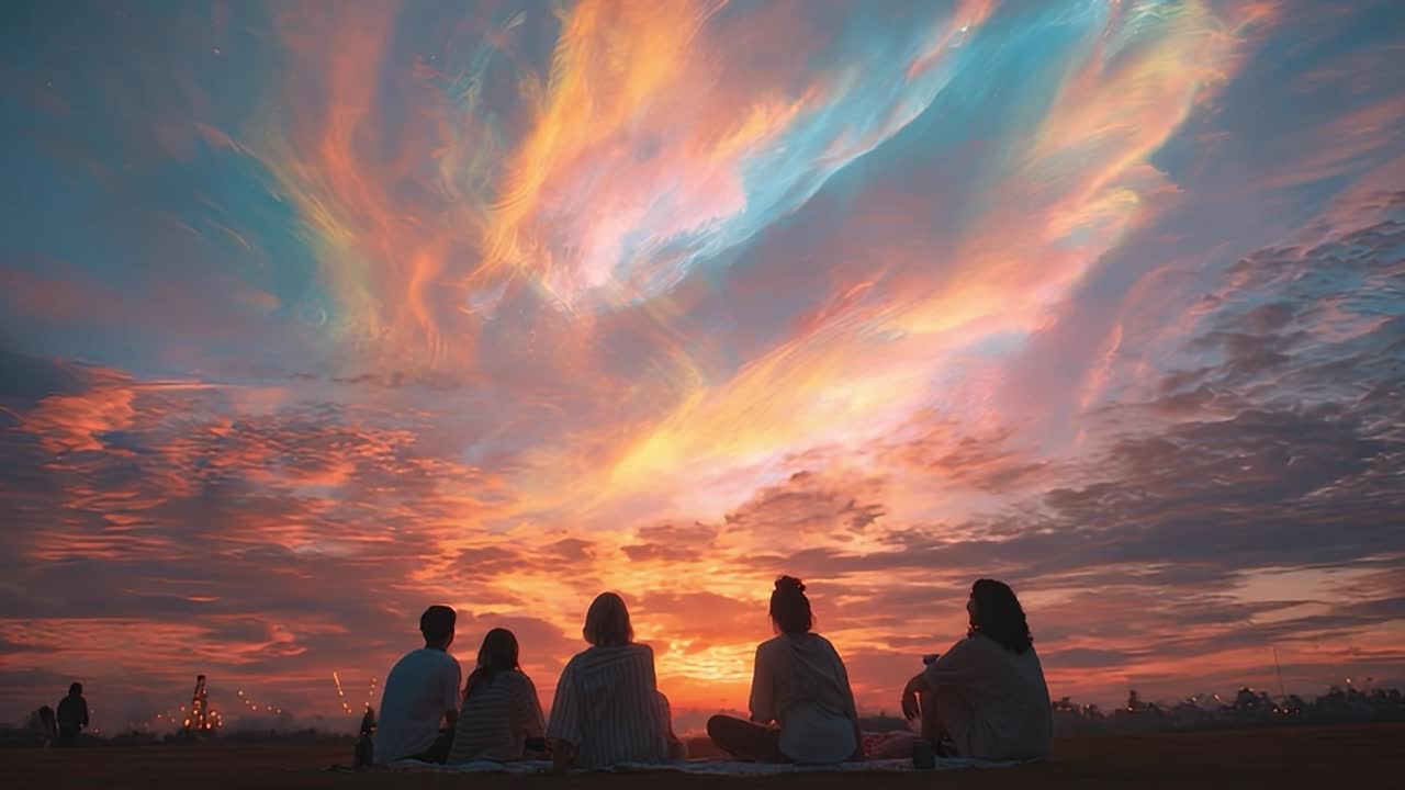 Friends gather to watch a colorful sunset at the beach during twilight