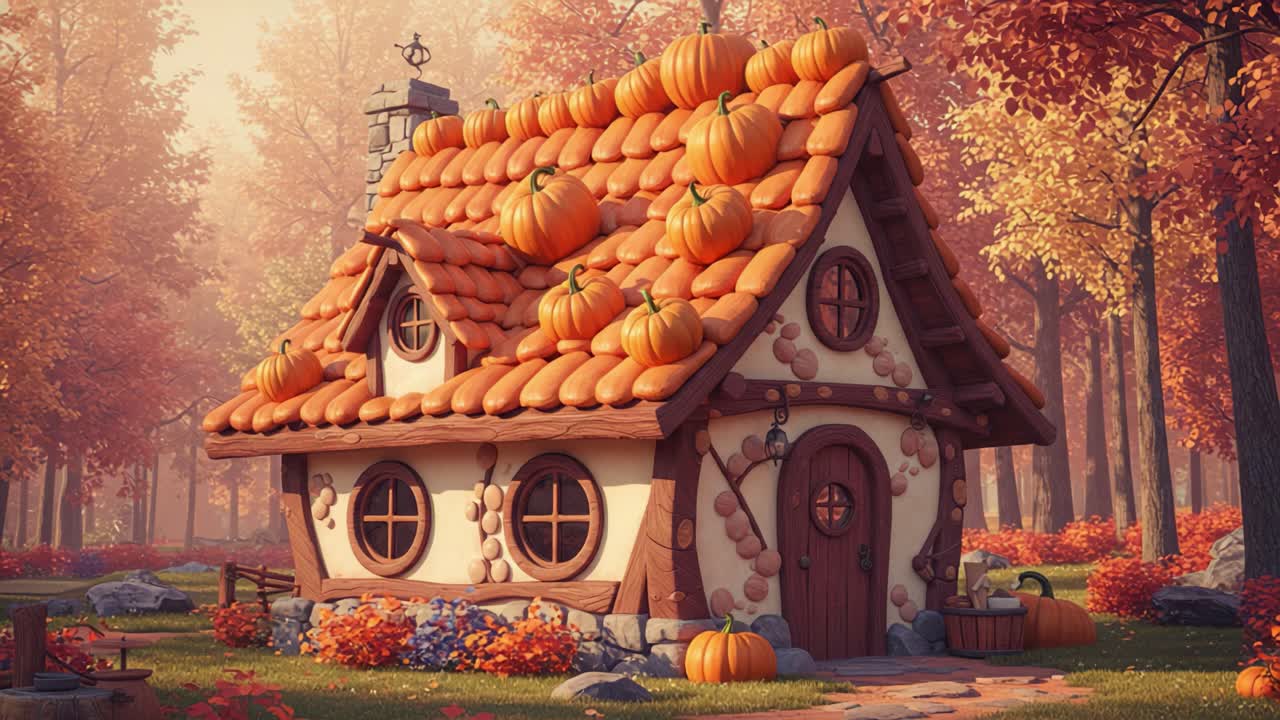 Charming Autumn Cottage Adorned with Pumpkins, Set Against a Vibrant Autumn Forest Background Featuring Warm Colors and Cozy Atmosphere