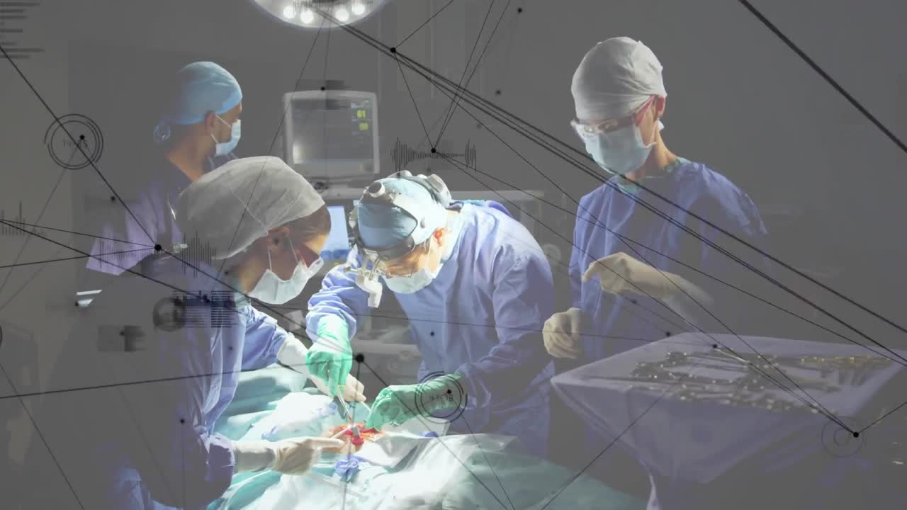 수술실에서 외과 의사들에 대한 연결 네트워크와 데이터 처리의 애니메이션