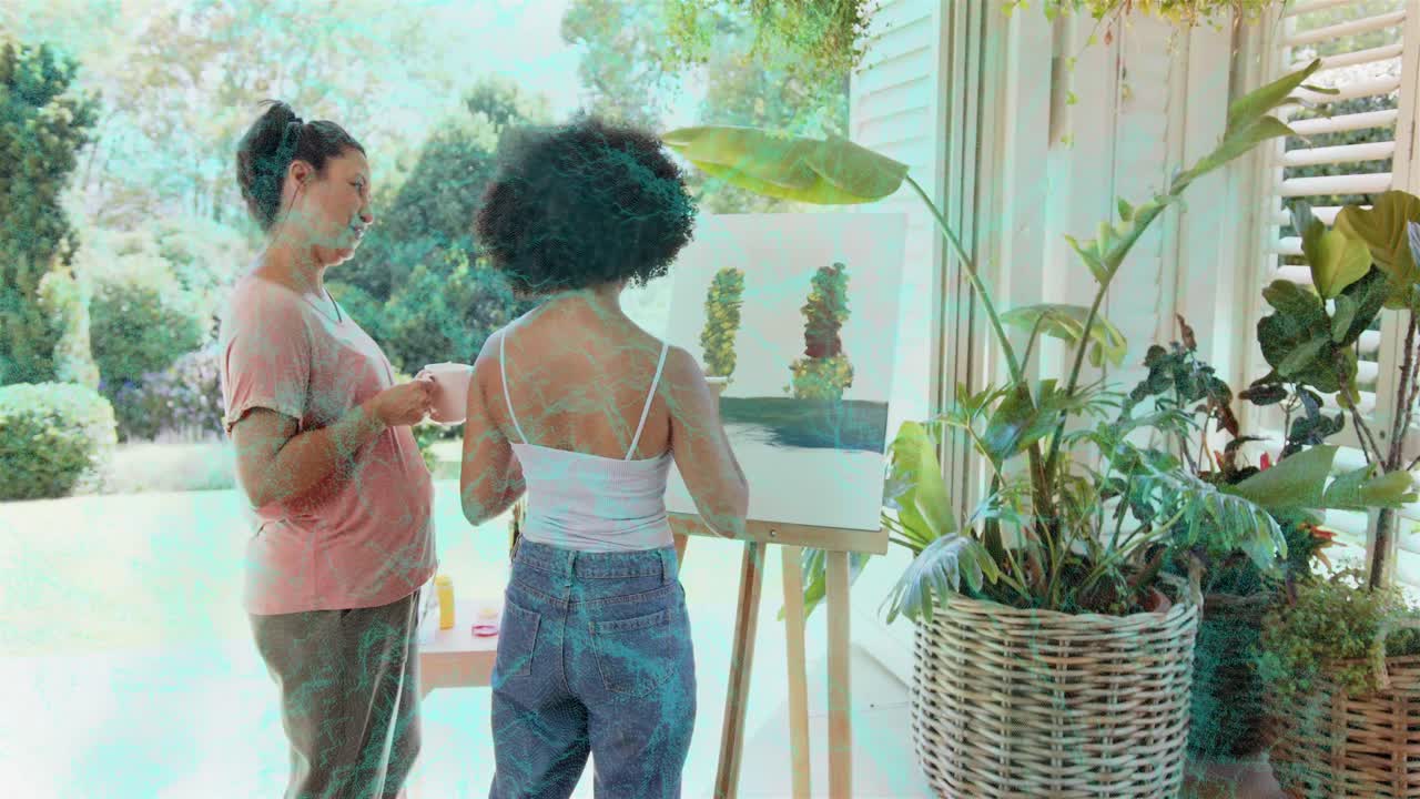 Painter starting at easel applying vertical strokes, observer entering with mug, building plant art