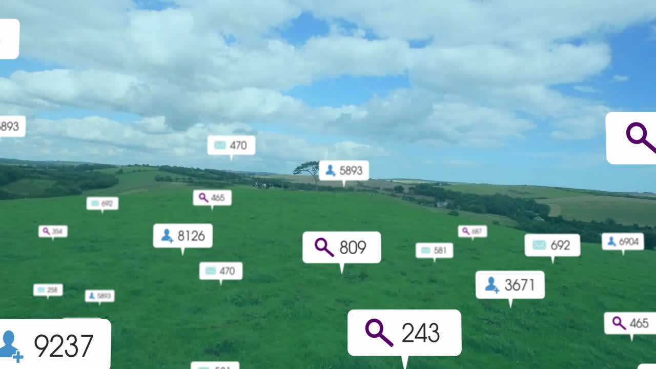 Showing white overlay bubble with purple search icon and number floating over green pasture