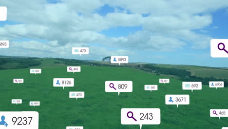 showing white overlay bubble with purple search icon and number floating over green pasture