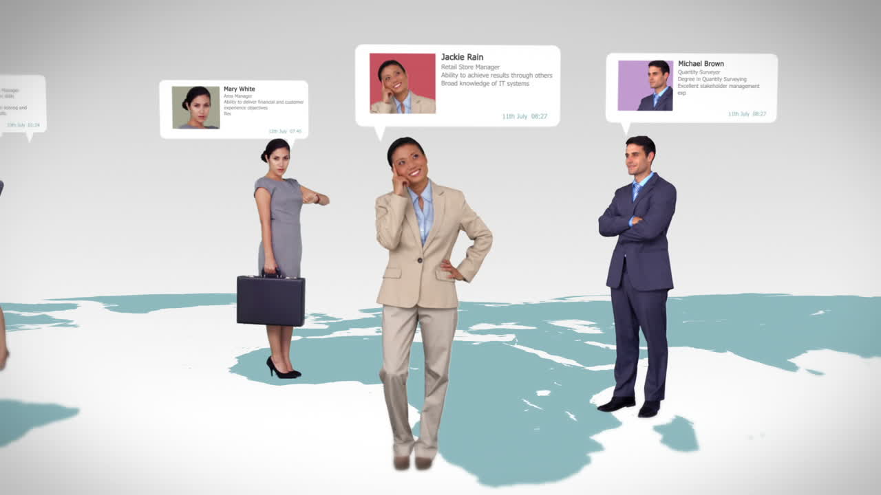 Business people with profile info standing on map 