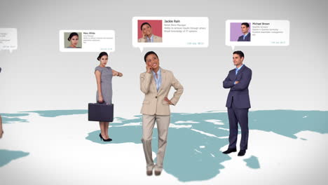 business people with profile info standing on map