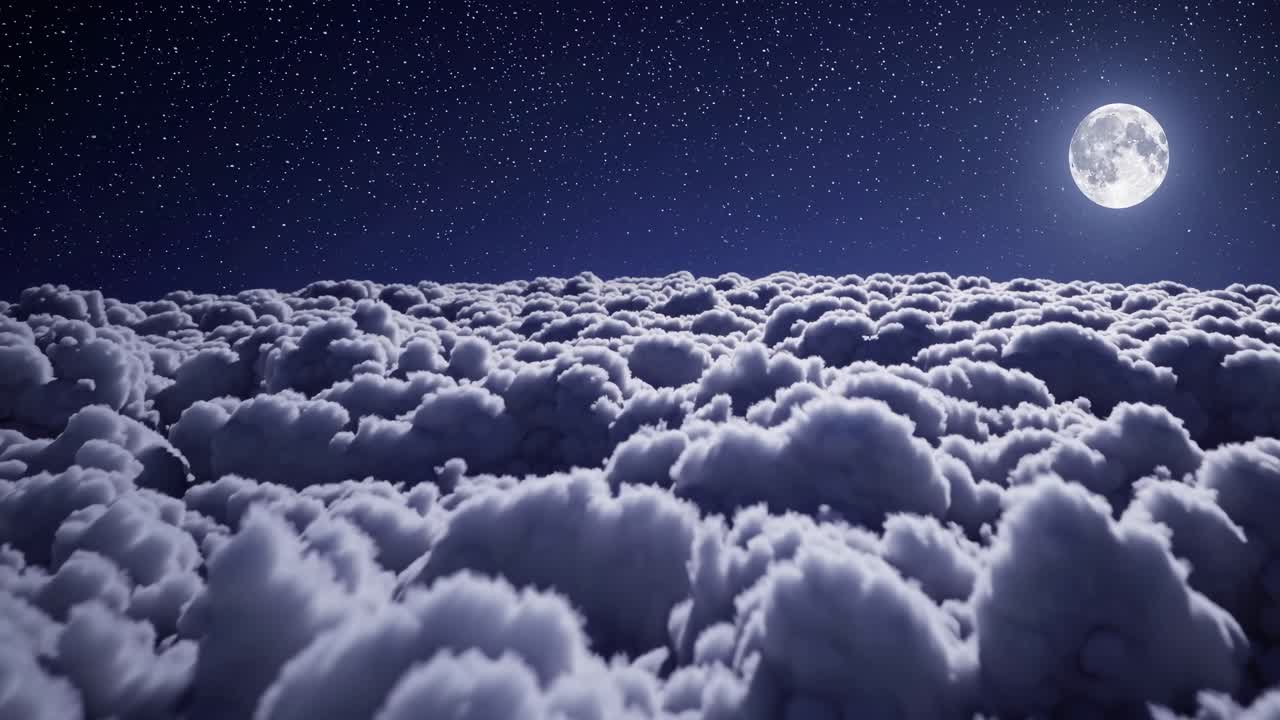Aerial video angle of a serene night sky above fluffy clouds, with a full moon illuminating