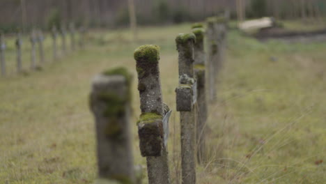 incline hacia arriba desde la lápida, revelando una fila de viejos crucifijos en un cementerio abandonado