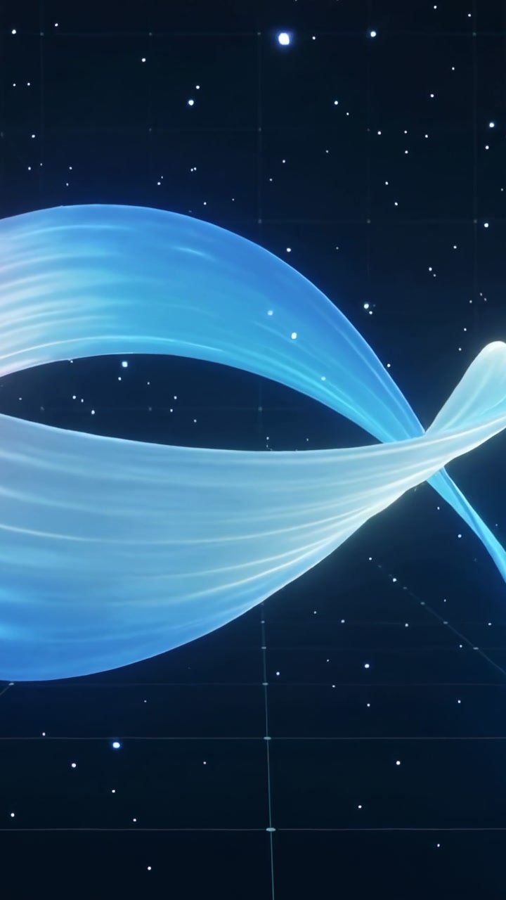 Vertical video: Starting playback, ribbon twisting across space with stars and 3D grid for decor