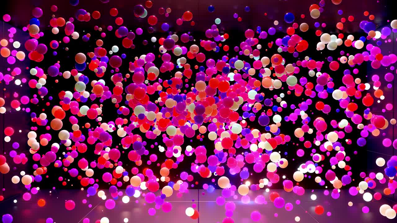 무작위로 빛나고 서로 반사되는 공중의 다채로운 공의 추상적인 구성: 빛의 효과를 가진 간단한 기하학적 어두운 배경으로 공중의 여러 색의 구.