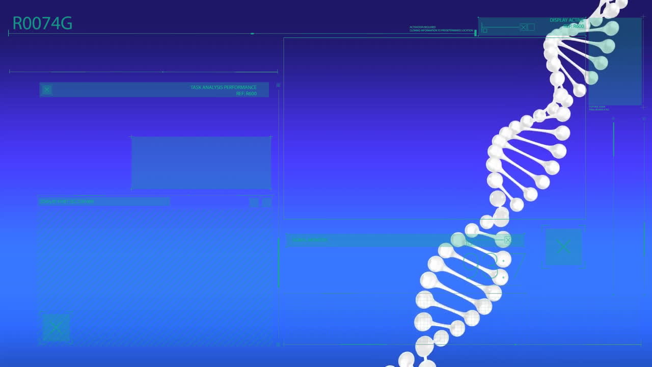 Animation of dna strand over data processing on blue background