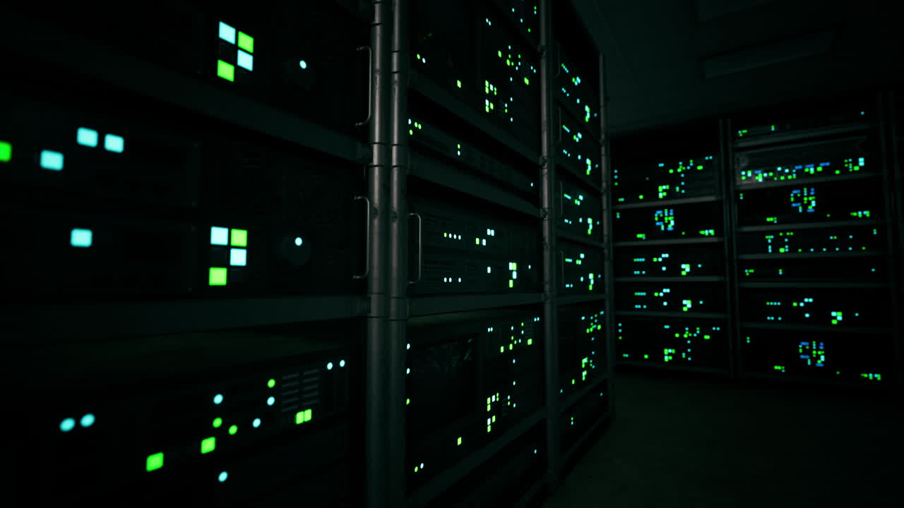 big data dark server room with bright equipment