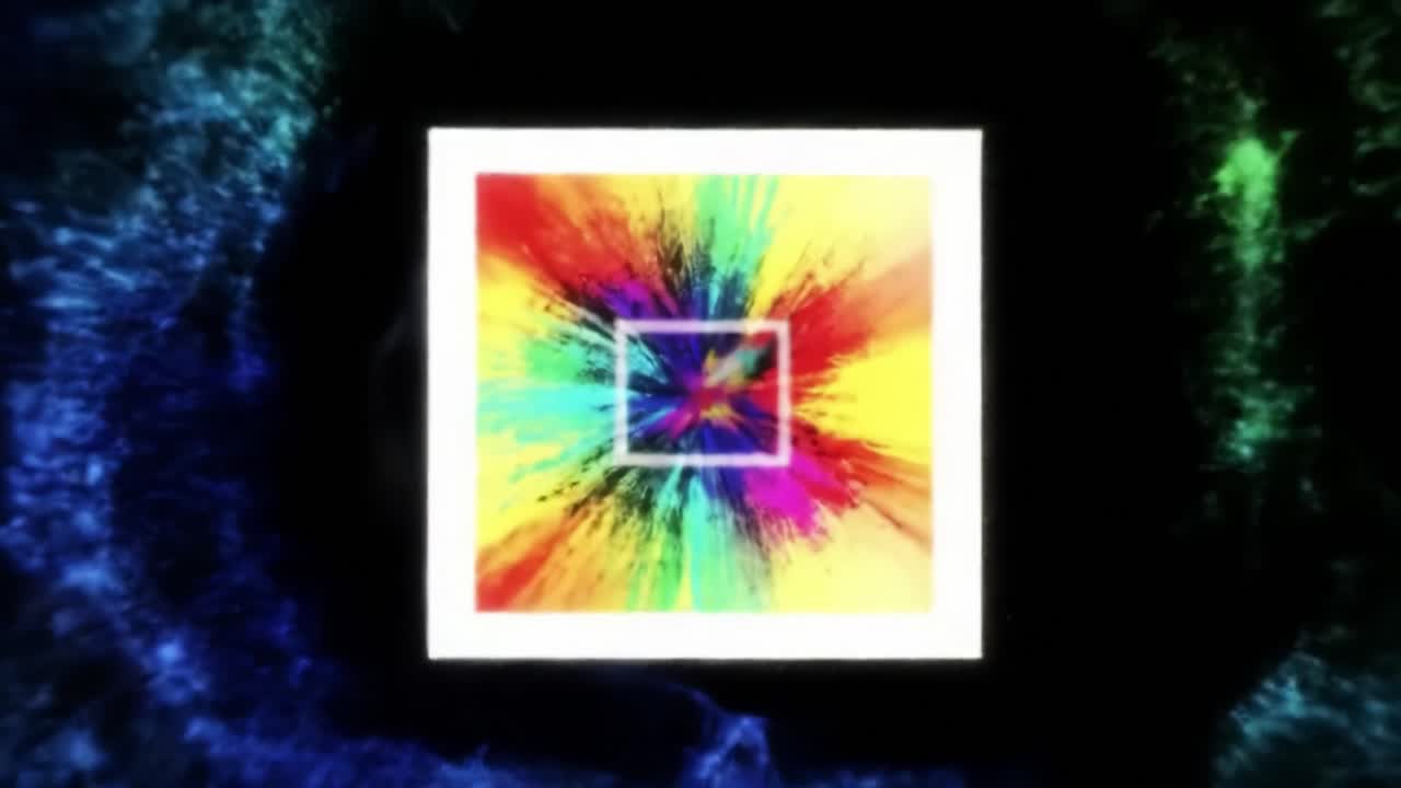 Visually Captivating Journey Through Colorful Energetic Abstract Art Frames, Showcasing Dynamic Movement and Vibrant Patterns Emanating from a Central Square