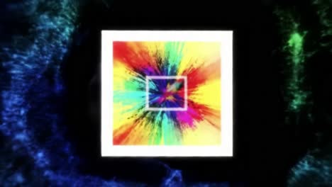 visually captivating journey through colorful energetic abstract art frames, showcasing dynamic movement and vibrant patterns emanating from a central square