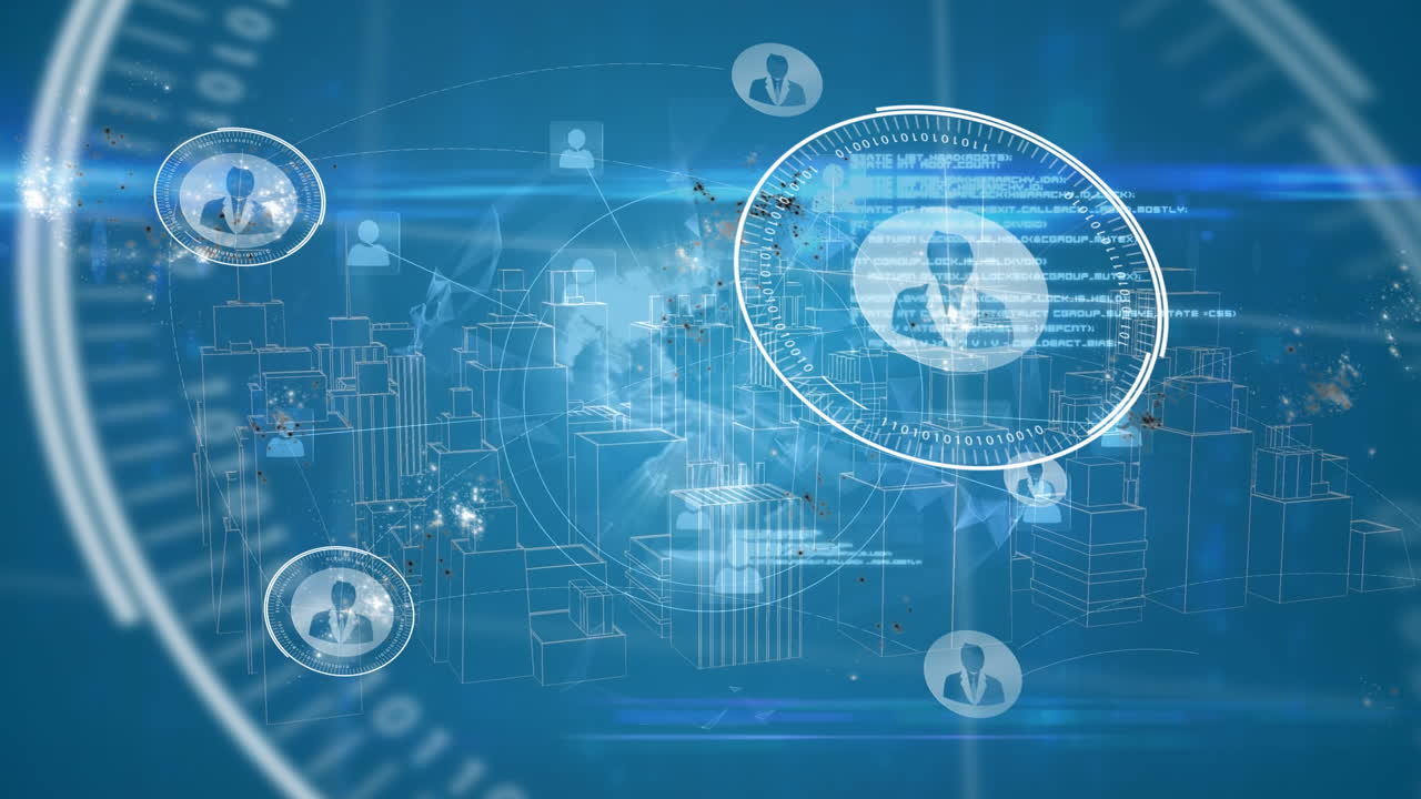 푸른 바탕에 디지털 도시 풍경을 가진 스 스캔과 데이터 처리의 애니메이션