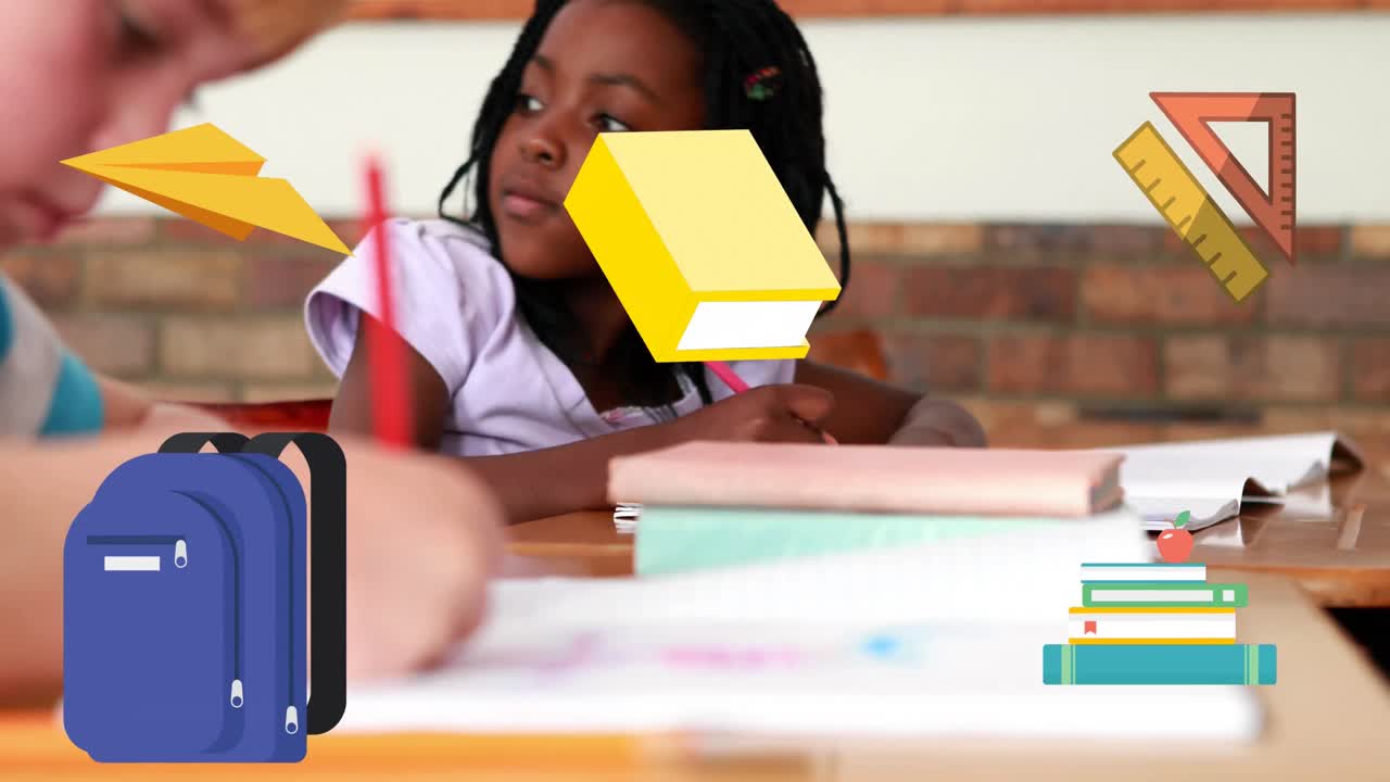 학교 아이템 아이콘의 애니메이션과 여학생 글쓰기