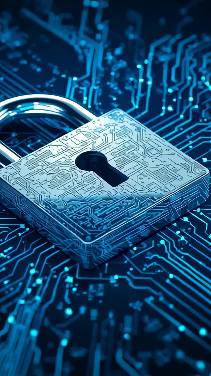 Video verticale: tracce pulsanti che si muovono attraverso circuiti illuminati, evidenziando un lucchetto che indica la sicurezza