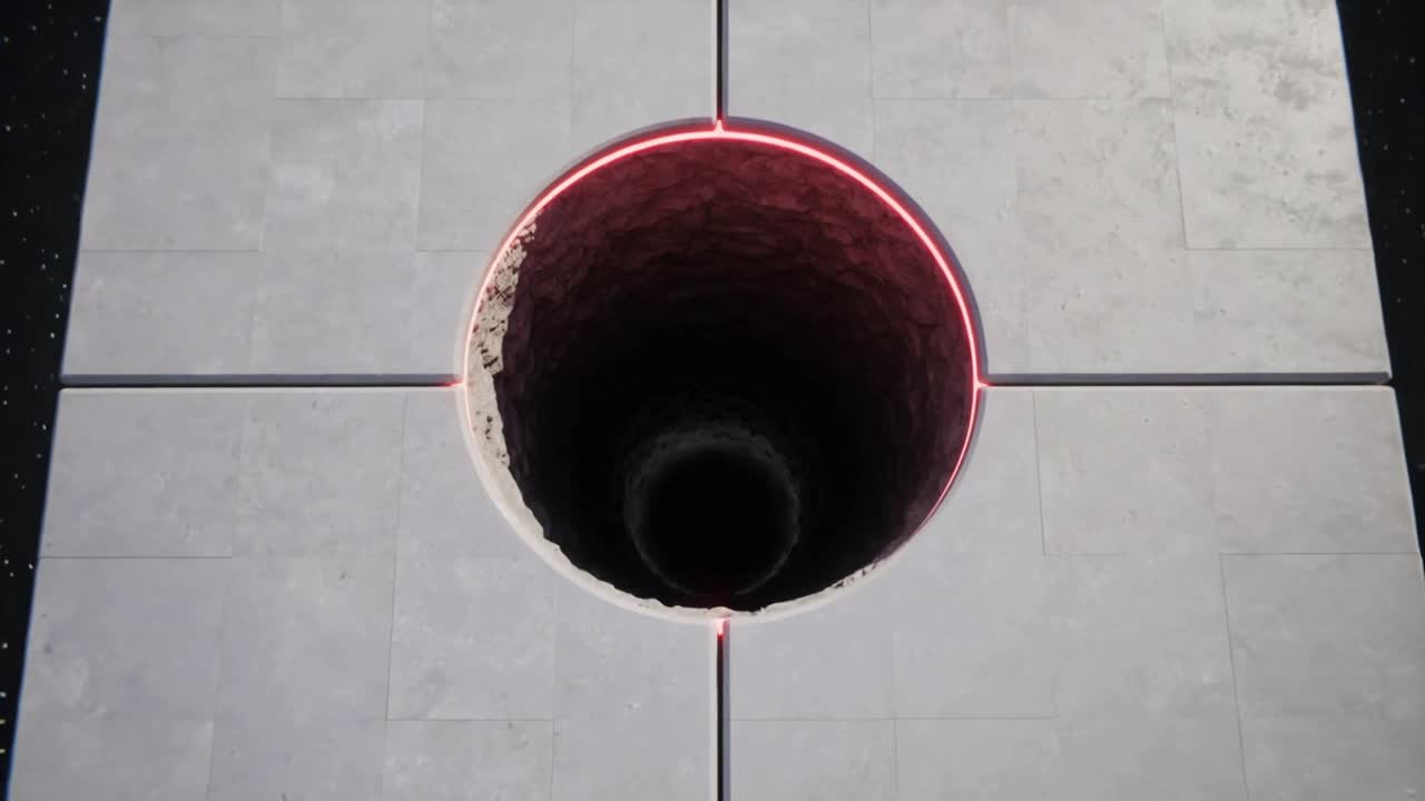 Espandendosi da un piccolo punto rosso, un portello centrale rivela un profondo pozzo su un pannello piastrellato, con il bordo luminoso.