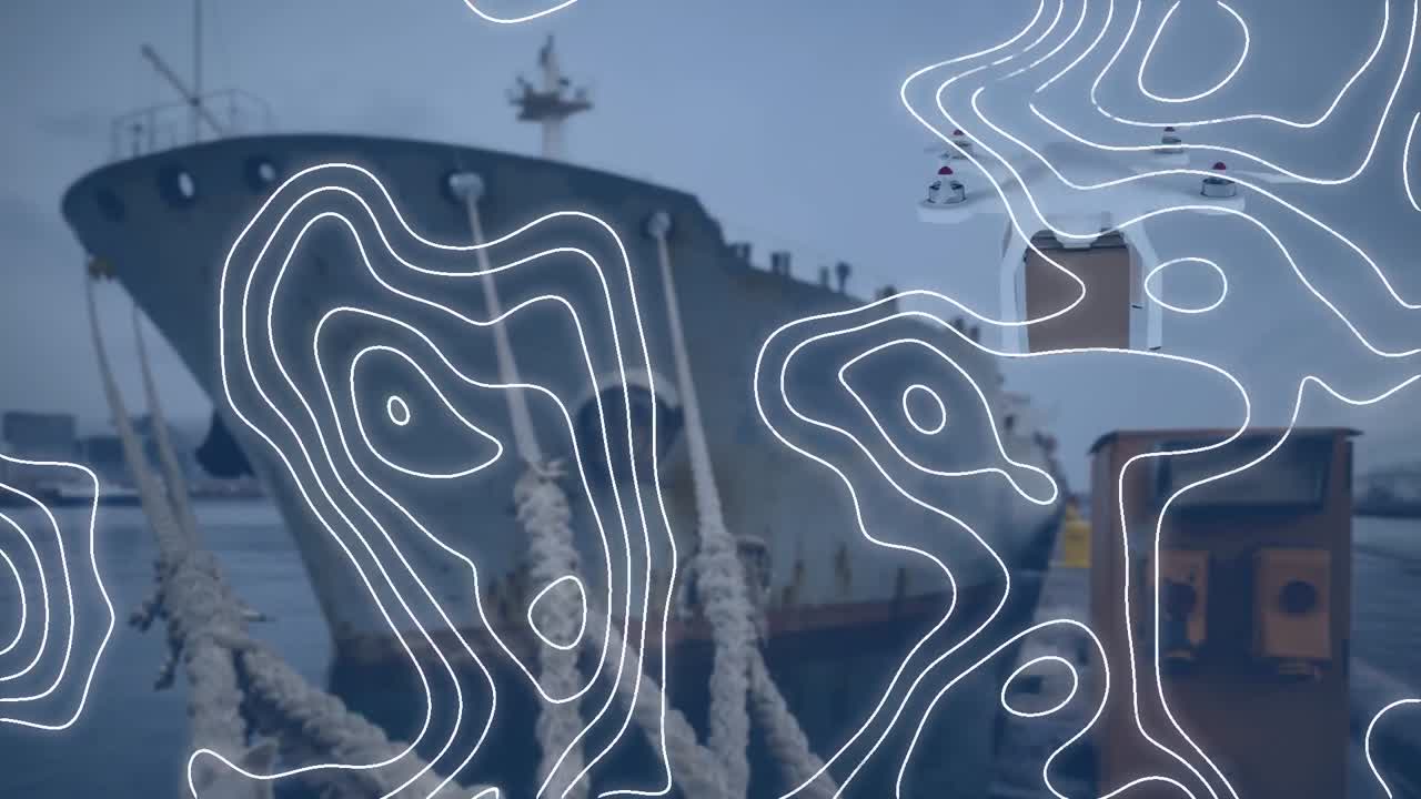 토포그래피와 드론은 바다에서 선박에 대항하여 배달 상자를 운반합니다.