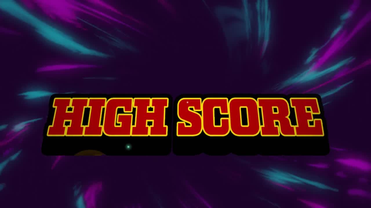 Animation af høj score over bevægende farverige lys på mørk baggrund.