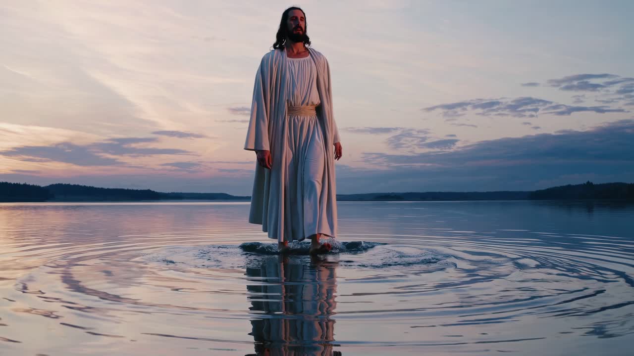 Prophet wearing a flowing white robe walks gracefully across the surface of a tranquil lake at sunset, creating gentle ripples in the water while surrounded by a serene landscape