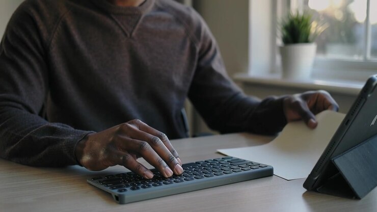 Uomo che rimuove un foglio dalla tastiera per iniziare a scrivere su un tablet