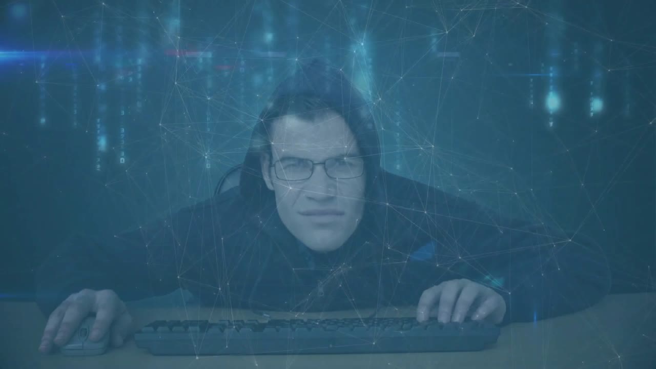 Adult male placing hands on keys starting blue web overlay rising while typing, monitoring tech