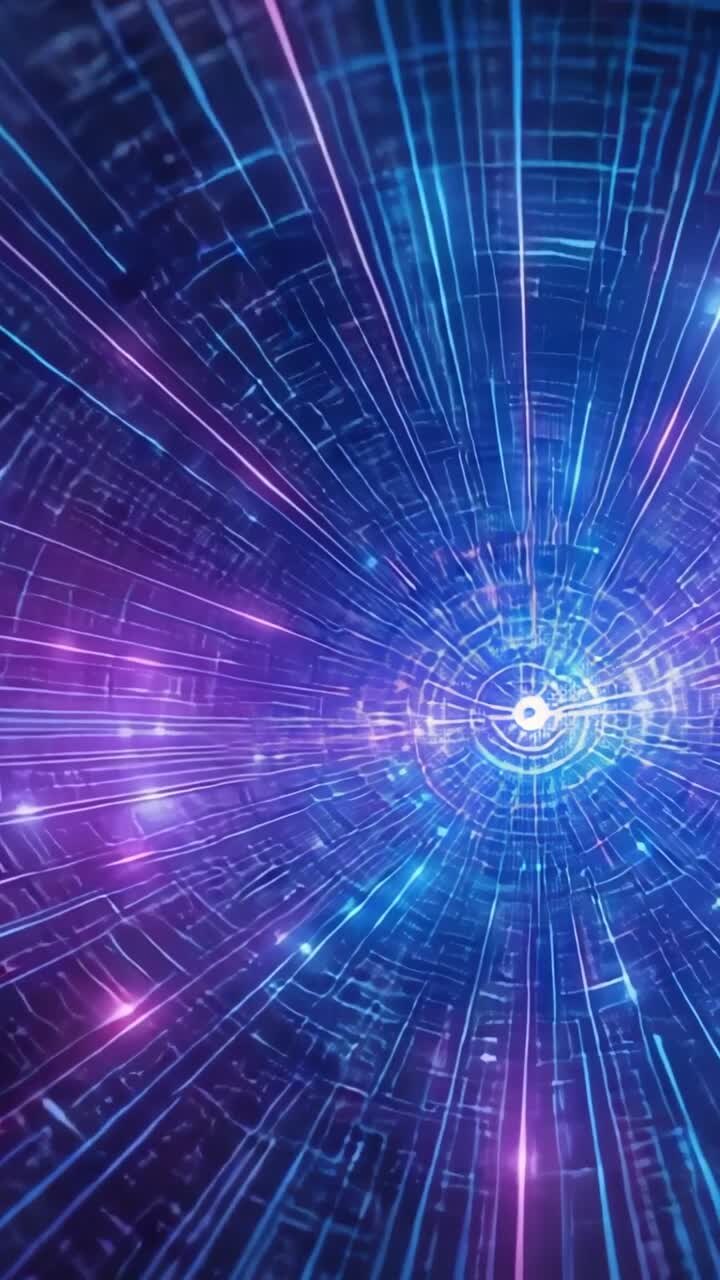 Vertical video: Pulsing orb sending neon lines racing through digital grid with flickering lights