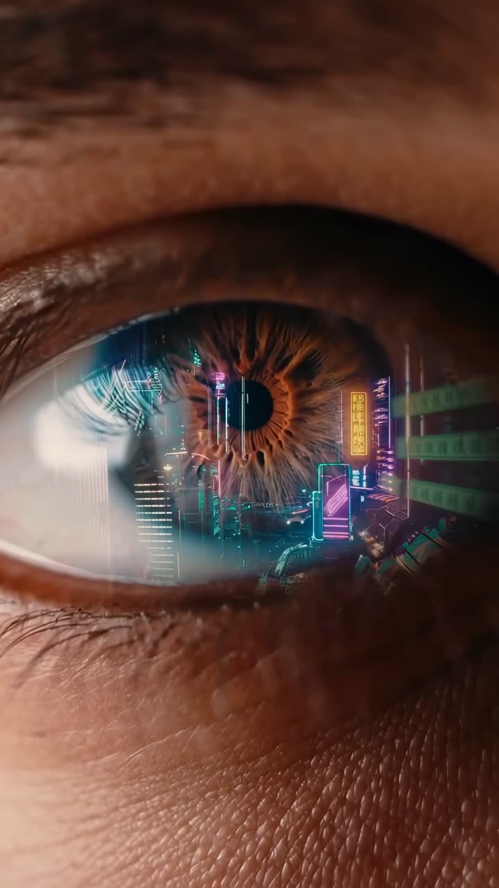 Close-up of Human Eye Reflecting Futuristic Neon Cityscape