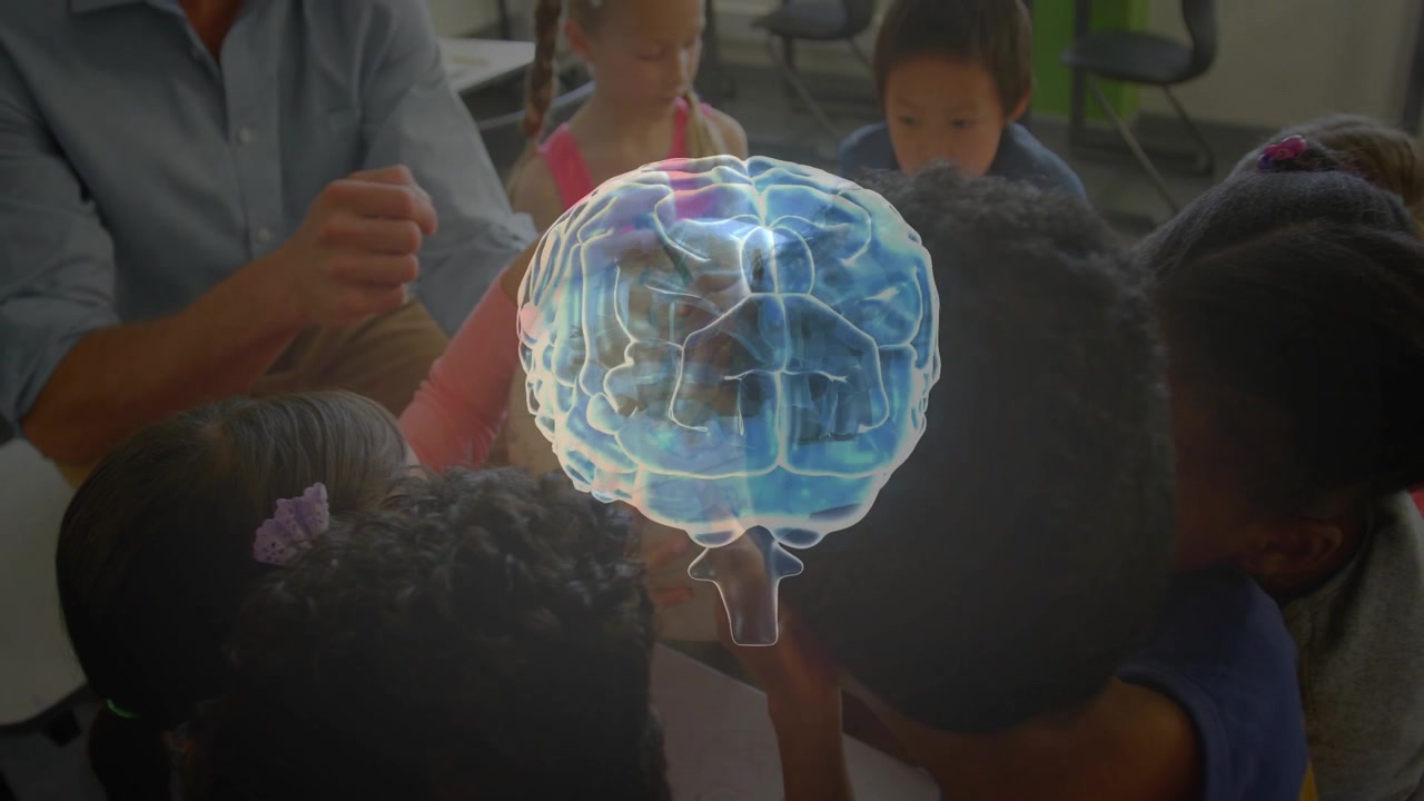 Teacher pointing, activating rotating 3D brain while students raising globe, learning in education