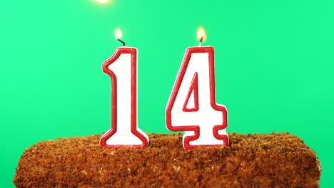 cake with the number 14 lighted candle. chroma key. green screen. isolated