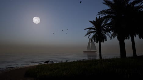 summer time small island in the middle of the ocean, with sand beach, deck chair, palm trees, and seagulls flying above, on night time full moon, 3d animation, animated summer scene