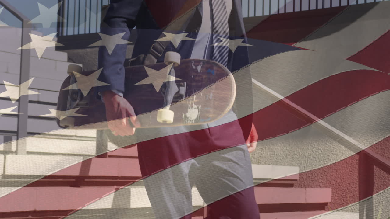 해변 에 서핑 보드 를 들고 있는 사람 위 에 있는 미국 국기 의 애니메이션