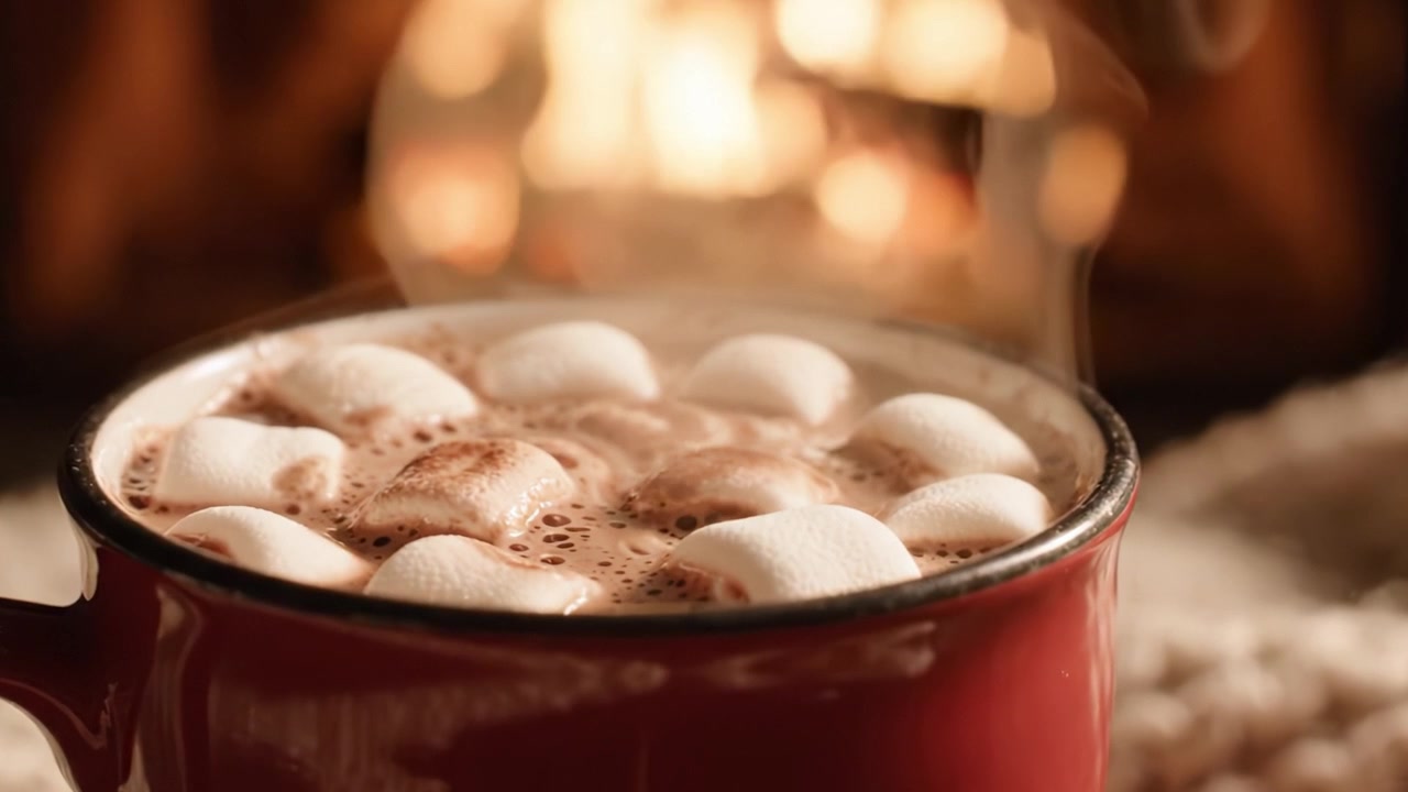Un primo piano accogliente di cioccolata calda con marshmallow, riscaldata dal bagliore di un camino scoppiettante, perfetta per il relax e il comfort invernale