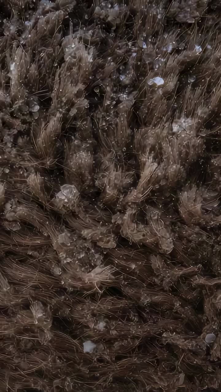 Vertical video: Camera vibrating, documenting brown shag rug macro, white granules sparkling