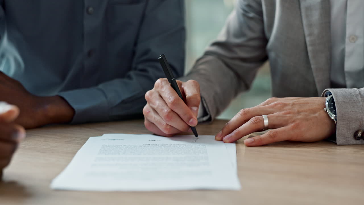 Business, hands and client writing signature