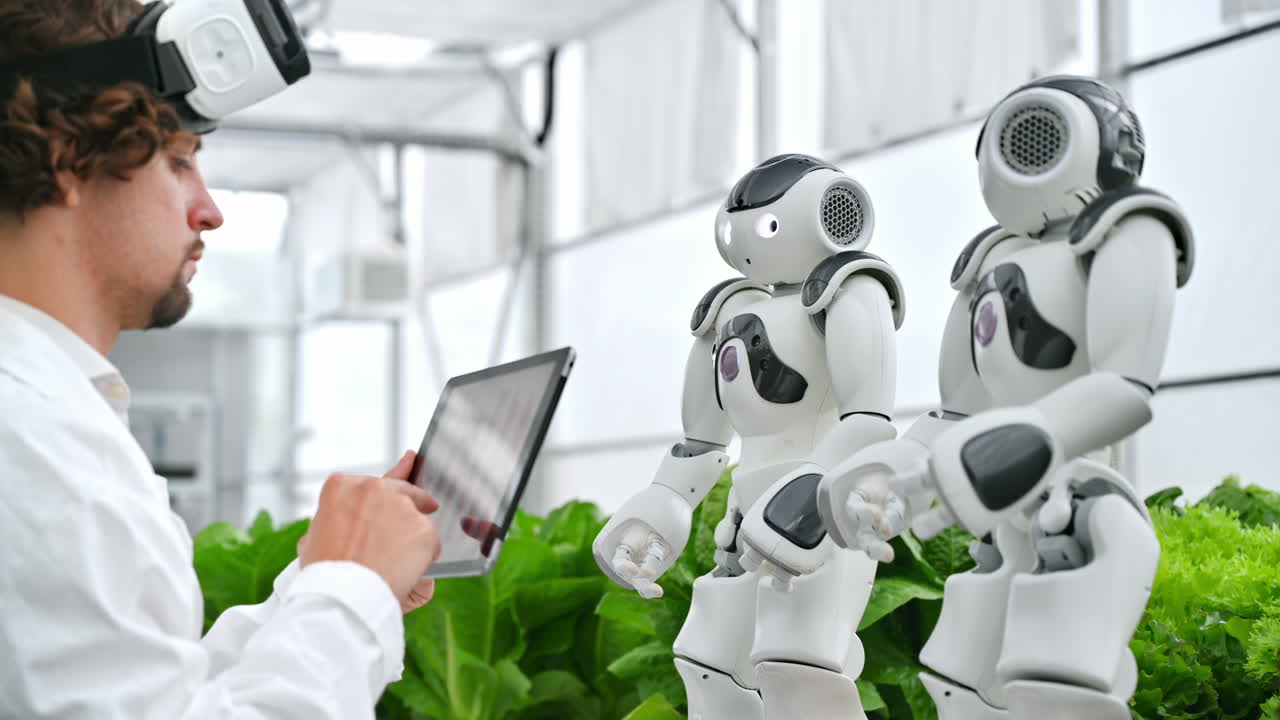 Laboratory technician in a white coat wearing virtual reality headset analysing graphs on a tablet while interacting with two humanoid robots in a greenhouse farm