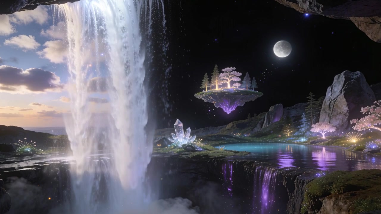 Ingresso di una grotta che mostra una cascata che cade in un abisso nebbioso, con un'isola fluttuante e la luna.