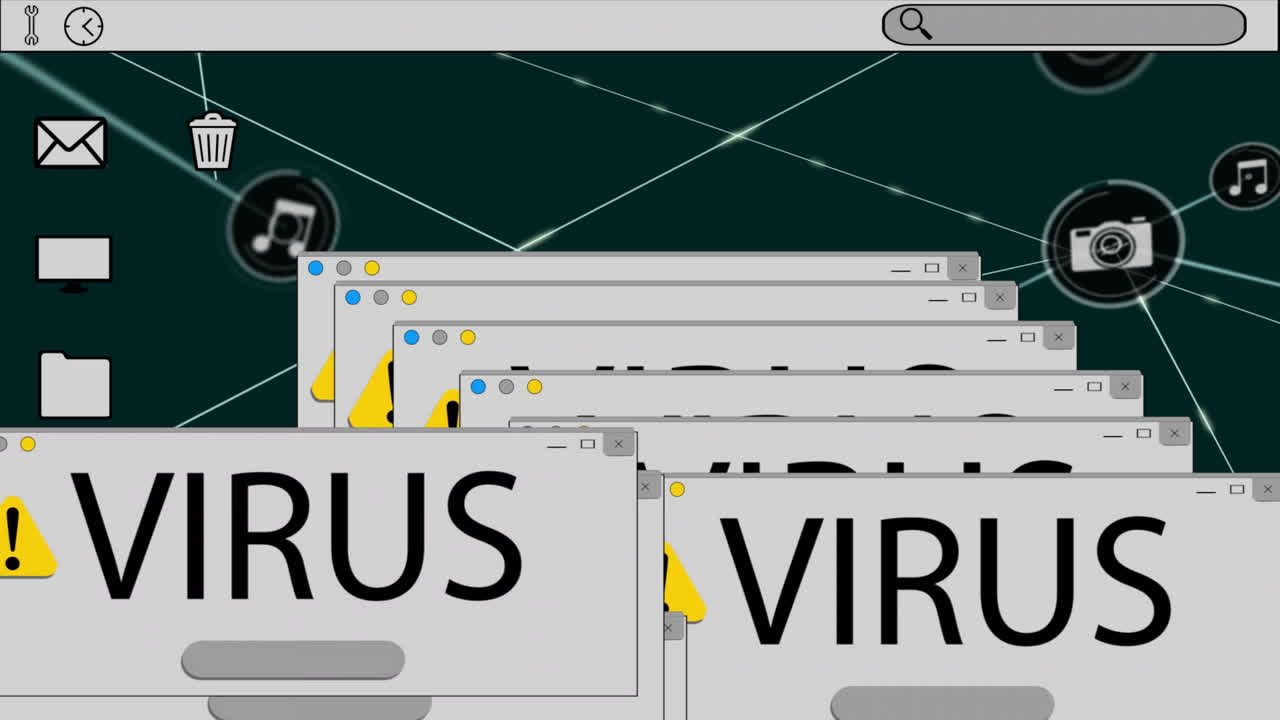 animación del texto del virus, red de conexiones con iconos y procesamiento de datos