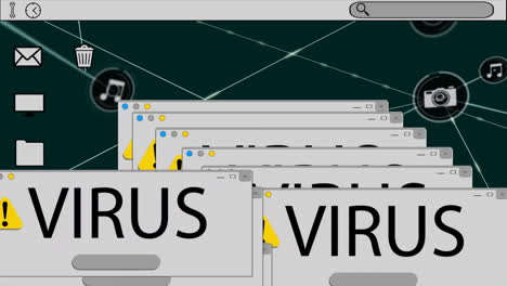 Animation-Von-Virentext,-Verbindungsnetzwerk-Mit-Symbolen-Und-Datenverarbeitung