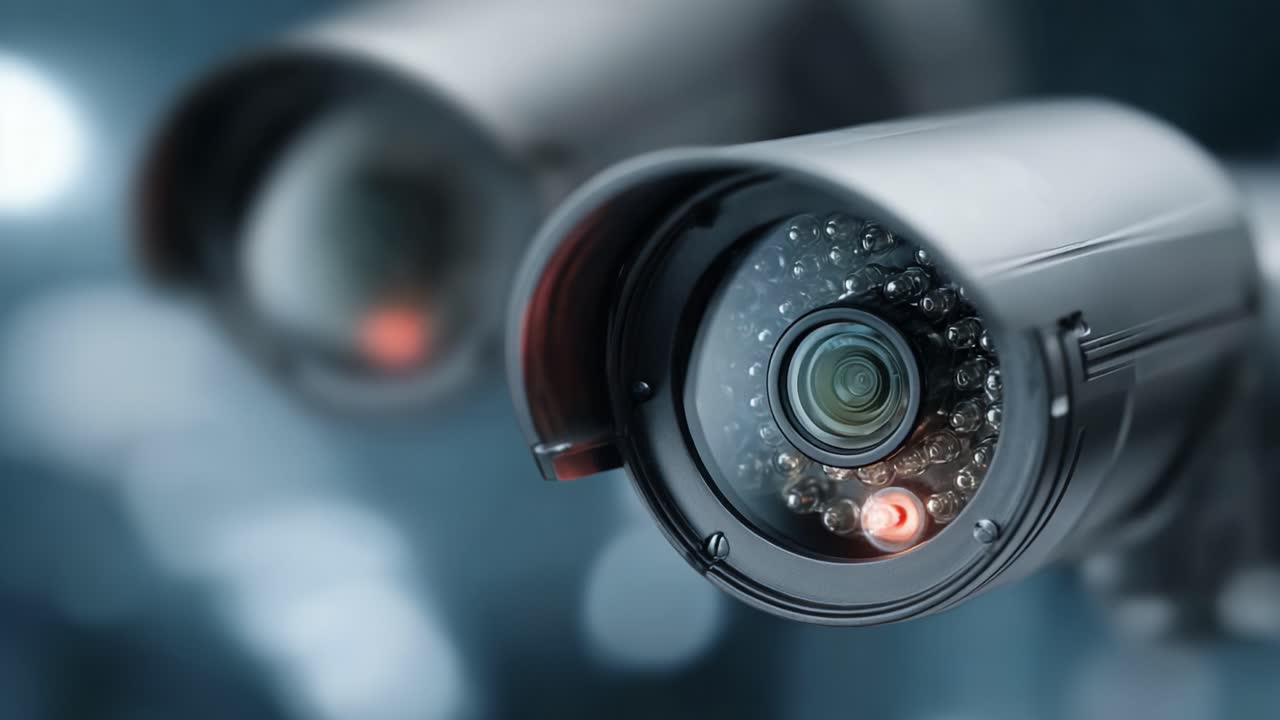 Surveillance Camera Close-Up: High-Resolution Security Equipment Monitoring Environment with LED Indicators and Advanced Imaging Technology