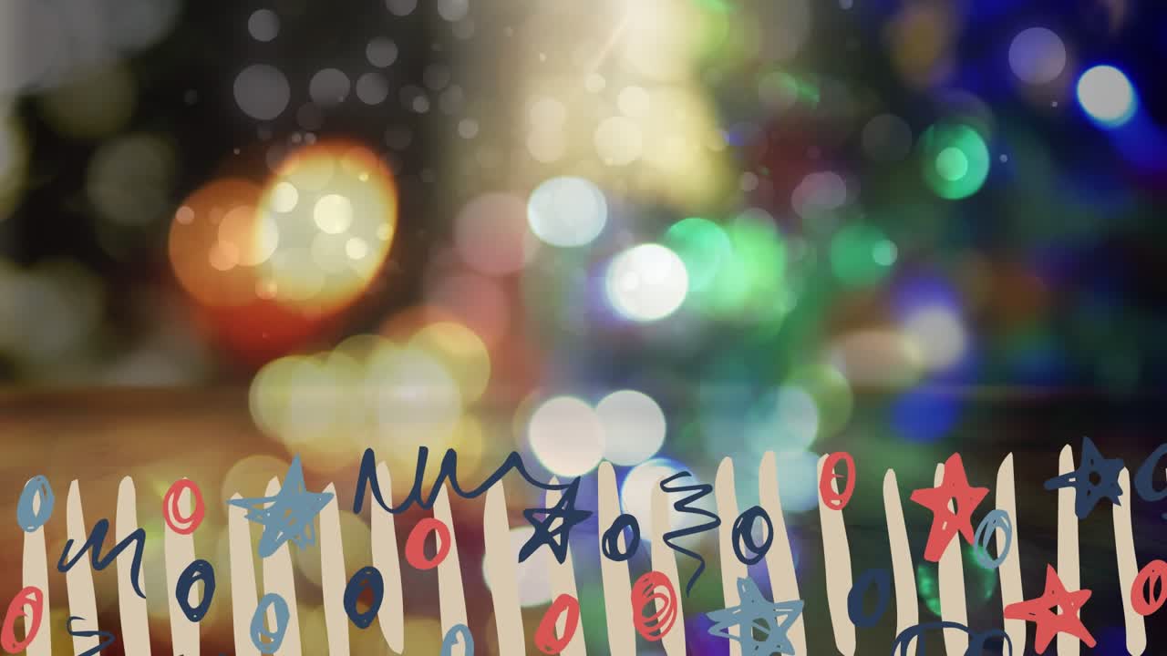 Detailopname van kerstboomverlichting en vuur met digitale lijst.