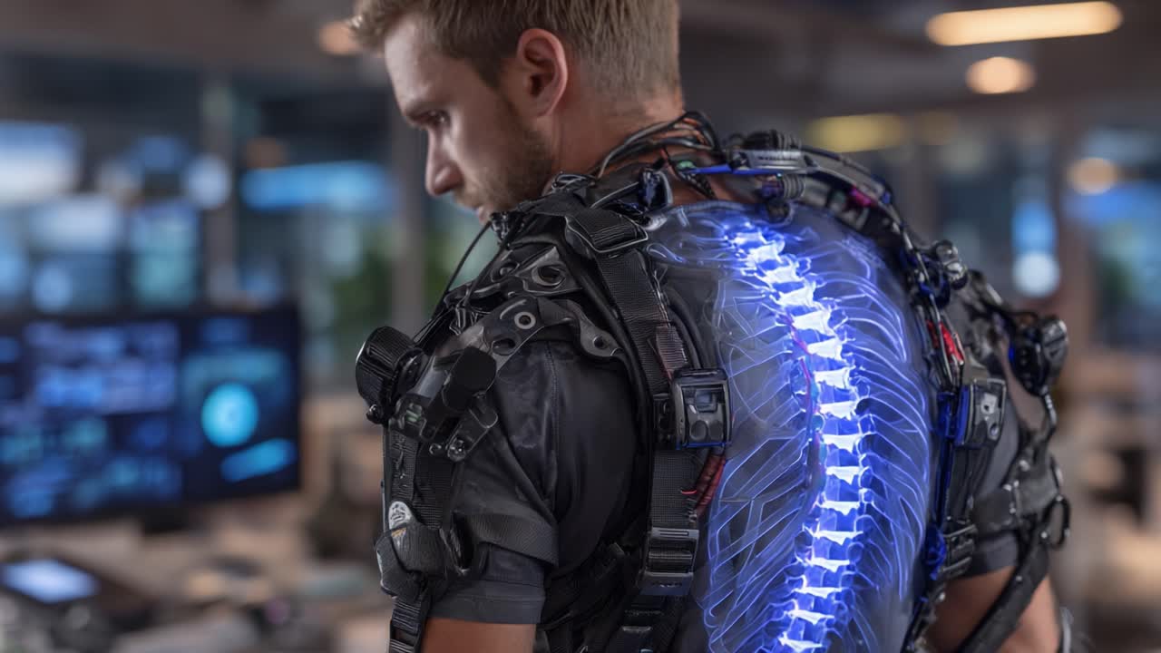 Futuristic Wearable Technology: A Close Look at an Advanced Exoskeleton with Integrated Spine Display Enhancing Human Capability and Interaction in a High-Tech Environment