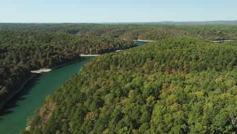 Densos-árboles-En-El-Parque-Estatal-Con-Lago-En-Un-Día-Soleado-En-Arkansas,-EE.UU.