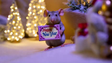 cute rat holding a happy new year sign in a winter scene