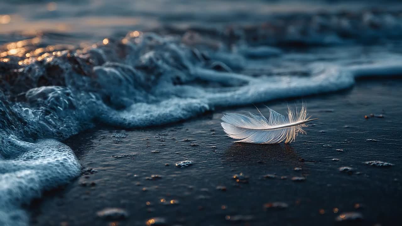 Fin fjeder hviler på strandkanten ved solnedgang